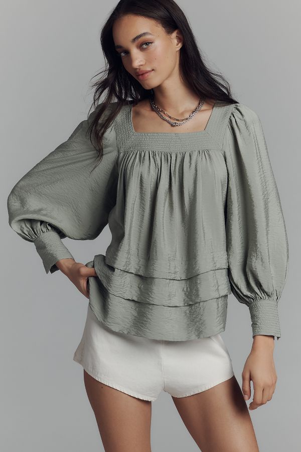 Slide View: 1: Maeve Long-Sleeve Square-Neck Blouse