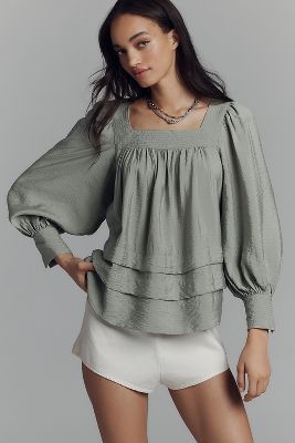 Maeve Long-Sleeve Square-Neck Blouse