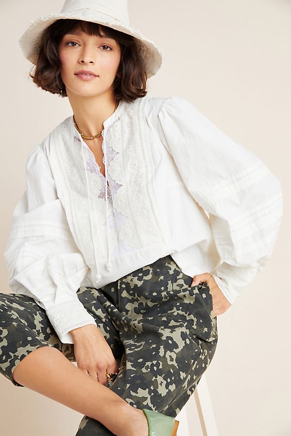 Slide View: 1: Delilah Pleated Lace Peasant Blouse