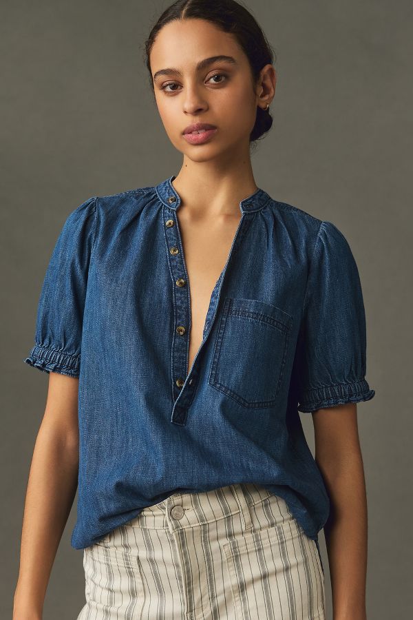 Slide View: 1: Aly Puff-Sleeve Blouse by Pilcro: Chambray Edition