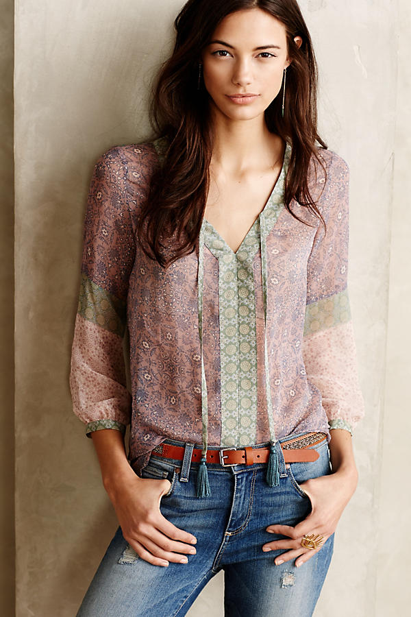 Patchworked Silk Peasant Top | Anthropologie