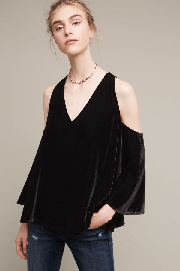 Velvet Open-Shoulder V-Neck Blouse | Anthropologie