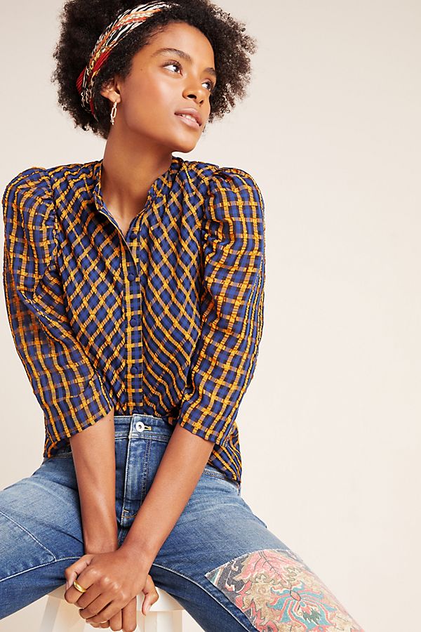 Slide View: 1: Textured Plaid Blouse