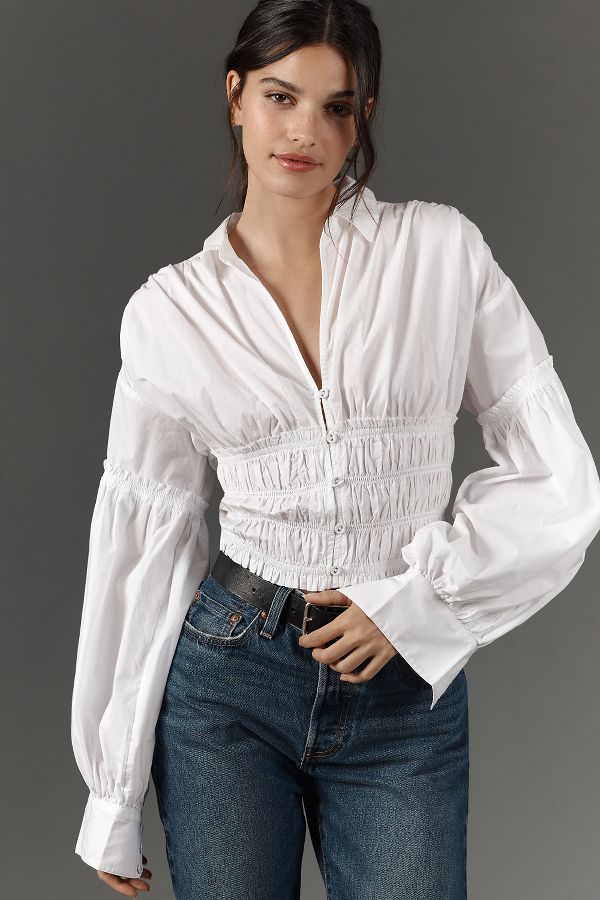 Slide View: 2: By Anthropologie Balloon-Sleeve Collared Shirred Blouse