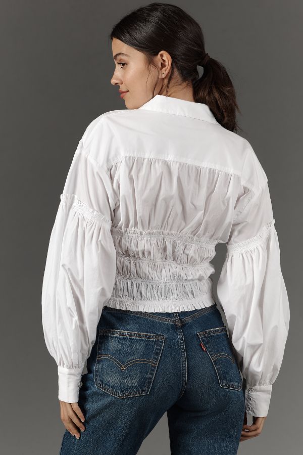 Slide View: 3: By Anthropologie Balloon-Sleeve Collared Shirred Blouse