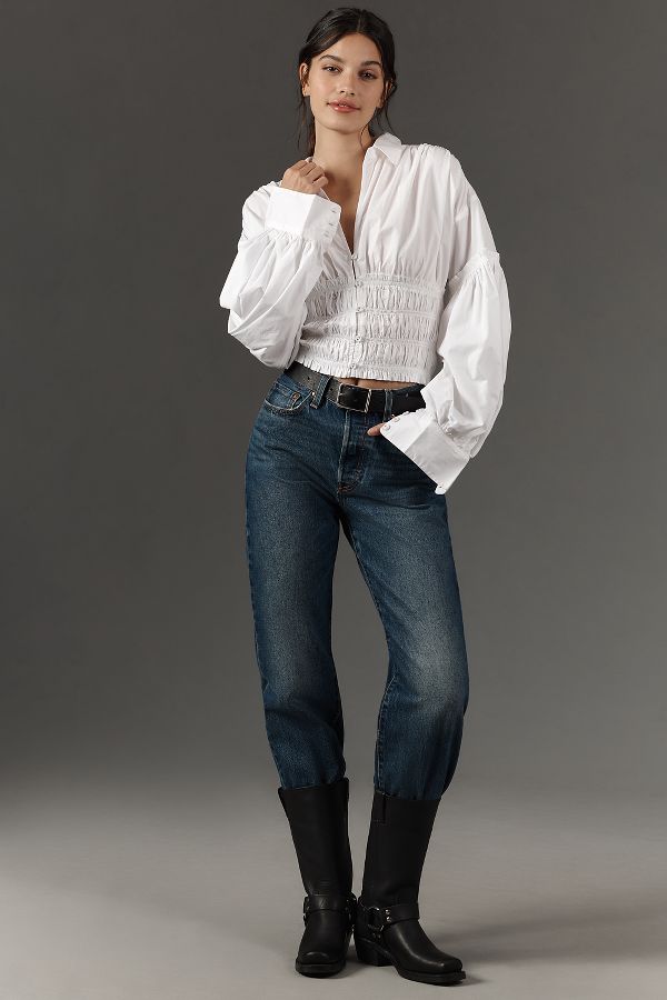 Slide View: 4: By Anthropologie Balloon-Sleeve Collared Shirred Blouse