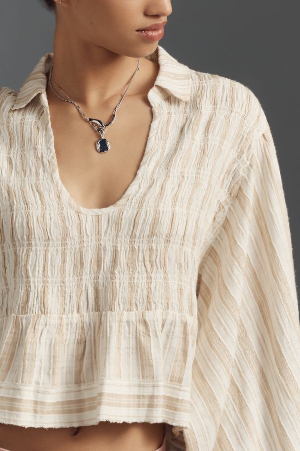 Slide View: 4: By Anthropologie Balloon-Sleeve Scoop-Neck Collared Blouse