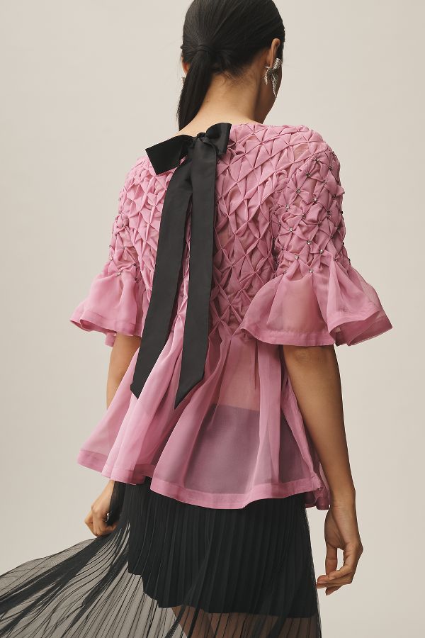 Slide View: 2: Maeve Short-Sleeve Rhinestone Sheer Babydoll Blouse