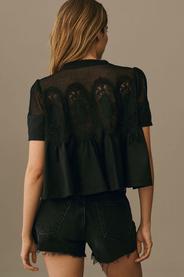 Slide View: 2: En Elly Short-Sleeve Lace Poplin Swing Top