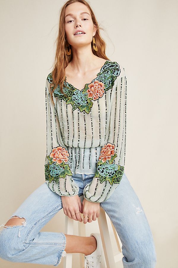 Slide View: 1: Amy Embellished Peasant Blouse