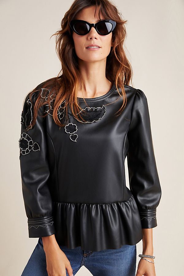 Slide View: 1: Sheena Faux Leather Peplum Blouse