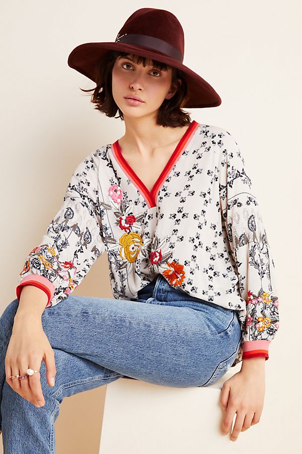 Slide View: 1: Devi Embroidered V-Neck Blouse