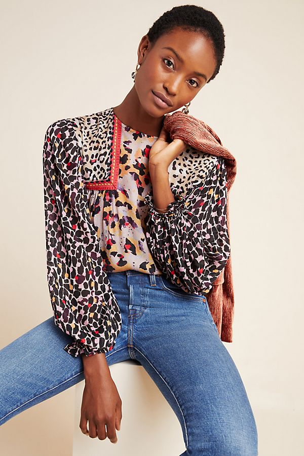 Slide View: 1: Joelle Leopard Peasant Blouse