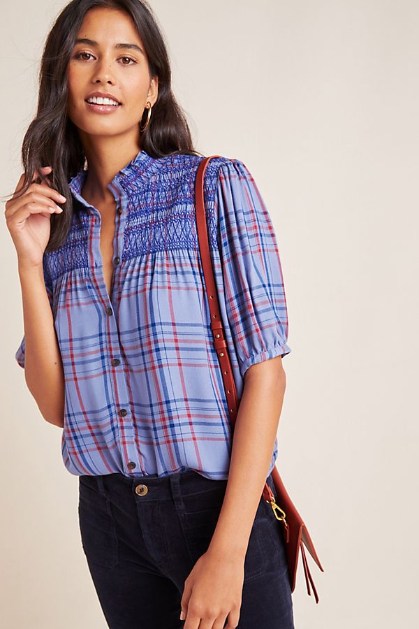 Slide View: 1: Lise Smocked Plaid Buttondown