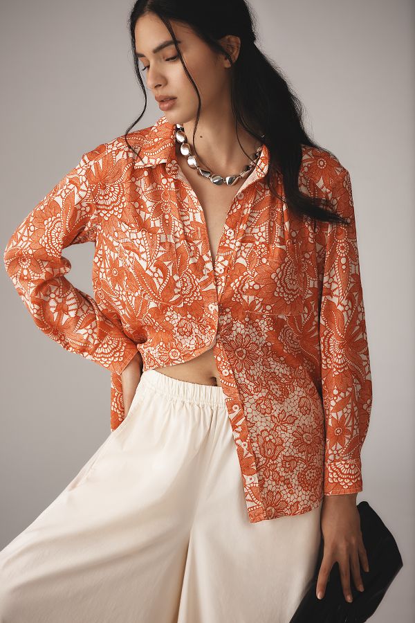 Vista de diapositivas: 1: Por Anthropologie camisa floral de manga larga relajada