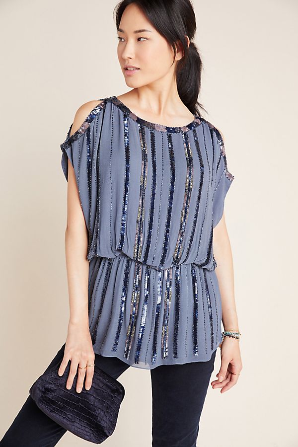 Slide View: 1: Evanne Sequined Open-Shoulder Blouse