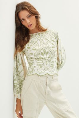 Puff-Sleeve Embroidered Blouse | Anthropologie
