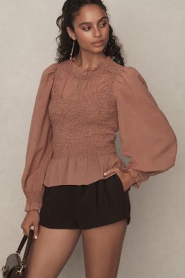 Por Anthropologie Blusa Peplum Fruncida Manga-Globo