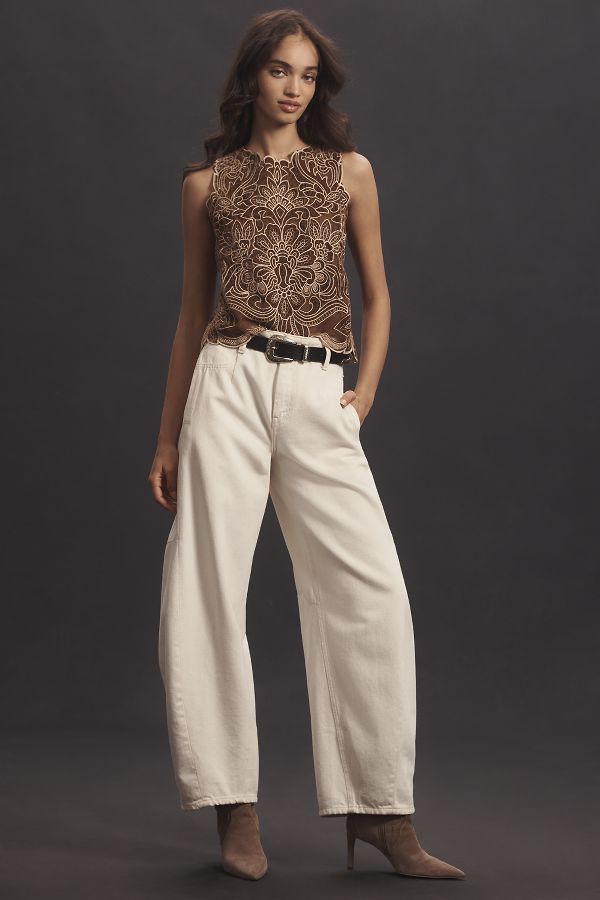 Slide View: 4: The Lainie High-Neck Lace Cutwork Blouse: Sleeveless Velvet Edition