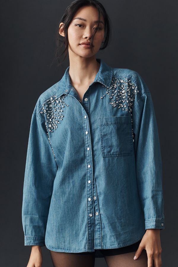 Slide View: 4: By Anthropologie Crystal-Embellished Denim Buttondown Shirt