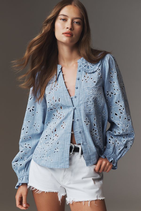 Slide View: 3: The Keira Collared Button-Front Blouse by Pilcro: Long-Sleeve Eyelet Edition