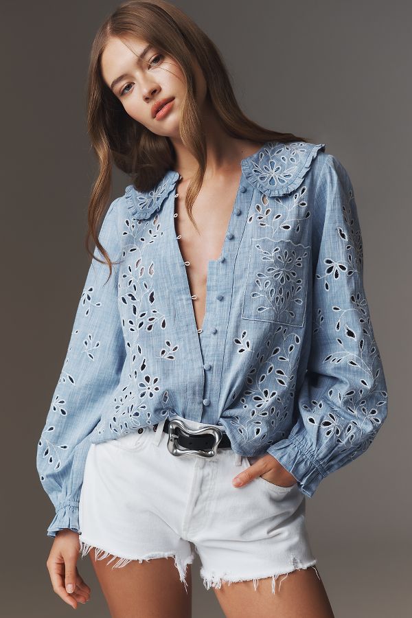 Slide View: 1: The Keira Collared Button-Front Blouse by Pilcro: Long-Sleeve Eyelet Edition