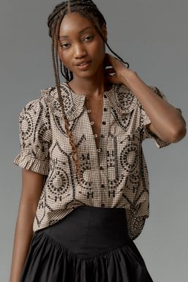 The Keira Collared Button-Front Blouse by Pilcro: Embroidered Gingham Edition