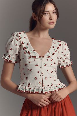 For Love & Lemons Beaded Cherries Puff-Sleeve Top