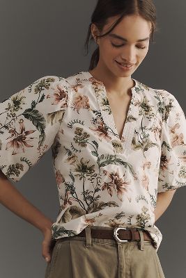 By Anthropologie V-Neck Puff-Sleeve Popover Blouse