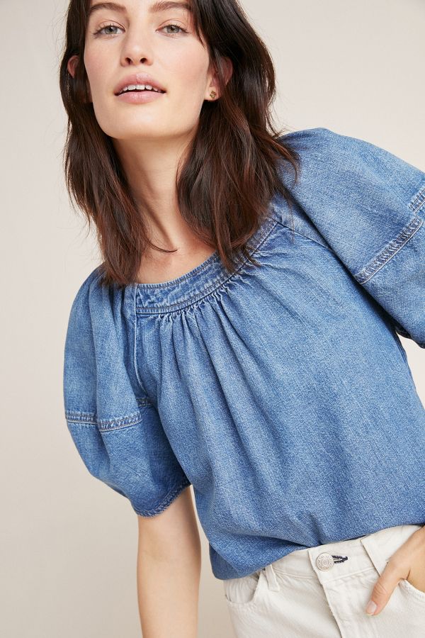 Denim Puff-Sleeved Blouse | Anthropologie