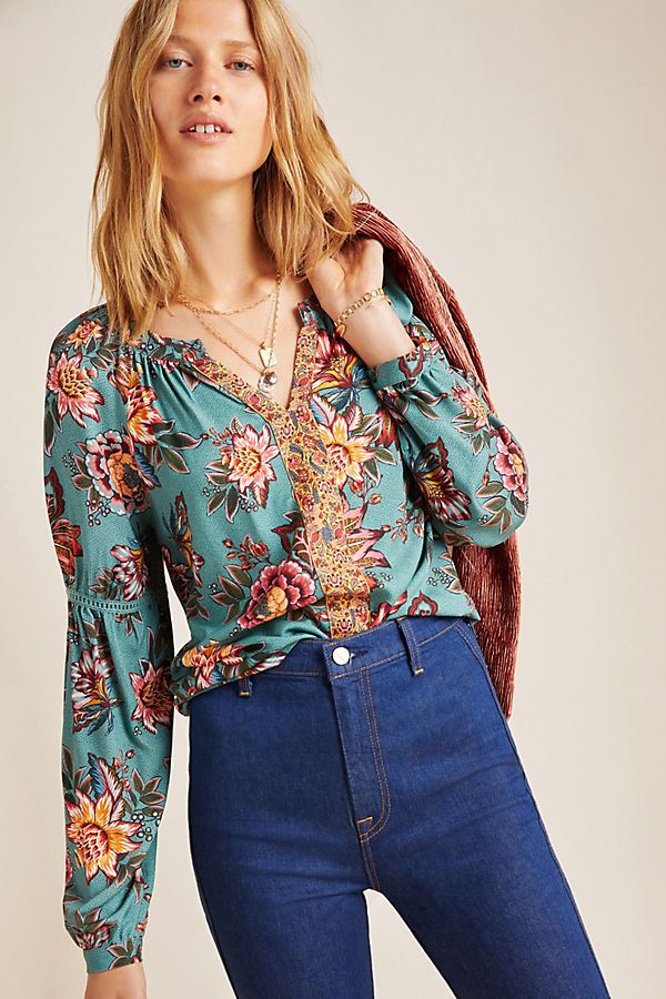 Slide View: 1: Farm Rio Paola Floral Peasant Blouse
