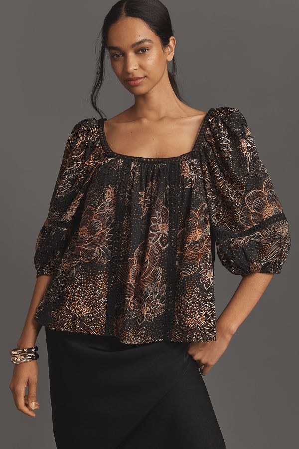 Slide View: 1: Farm Rio Lace Inset Peasant Blouse