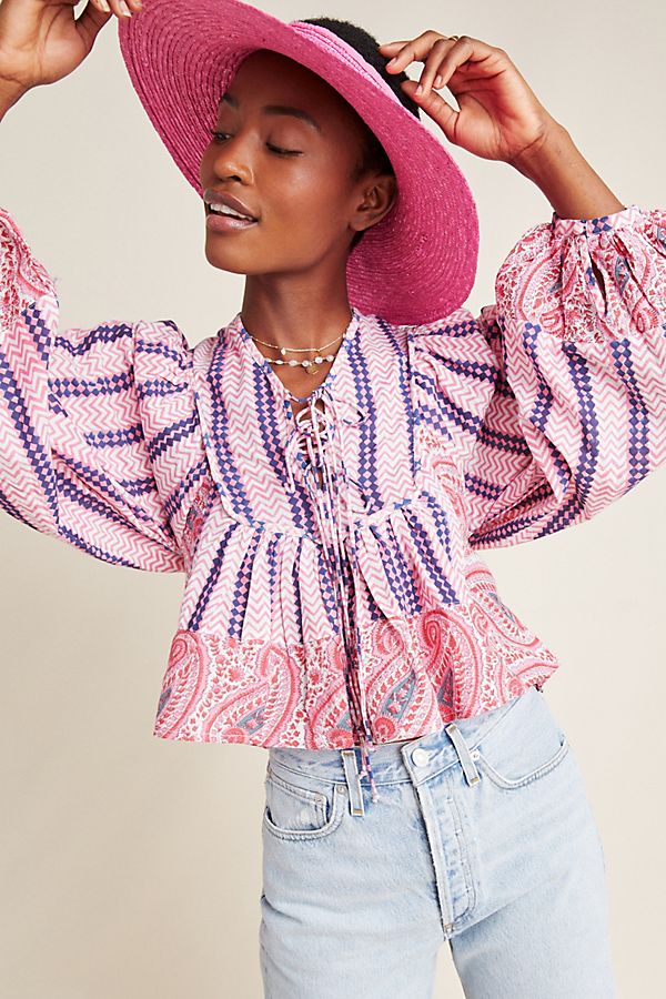 Slide View: 1: Kiara Block-Printed Peasant Blouse