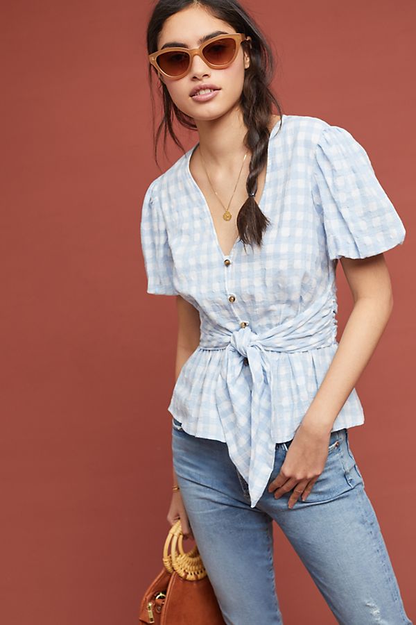 Slide View: 1: Gingham Puff-Sleeved Blouse