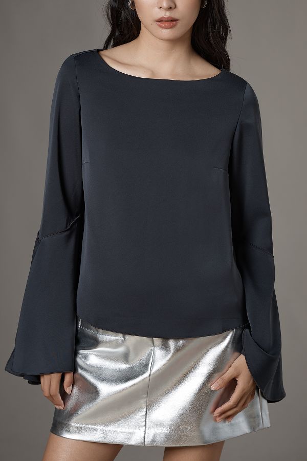 Slide View: 3: By Anthropologie Bell-Sleeve Satin Blouse