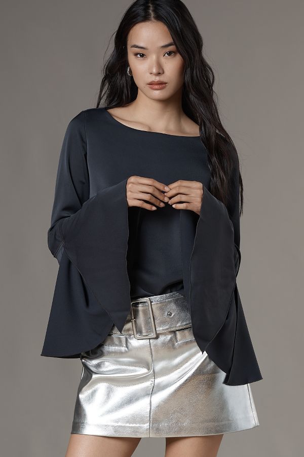 Slide View: 1: By Anthropologie Bell-Sleeve Satin Blouse