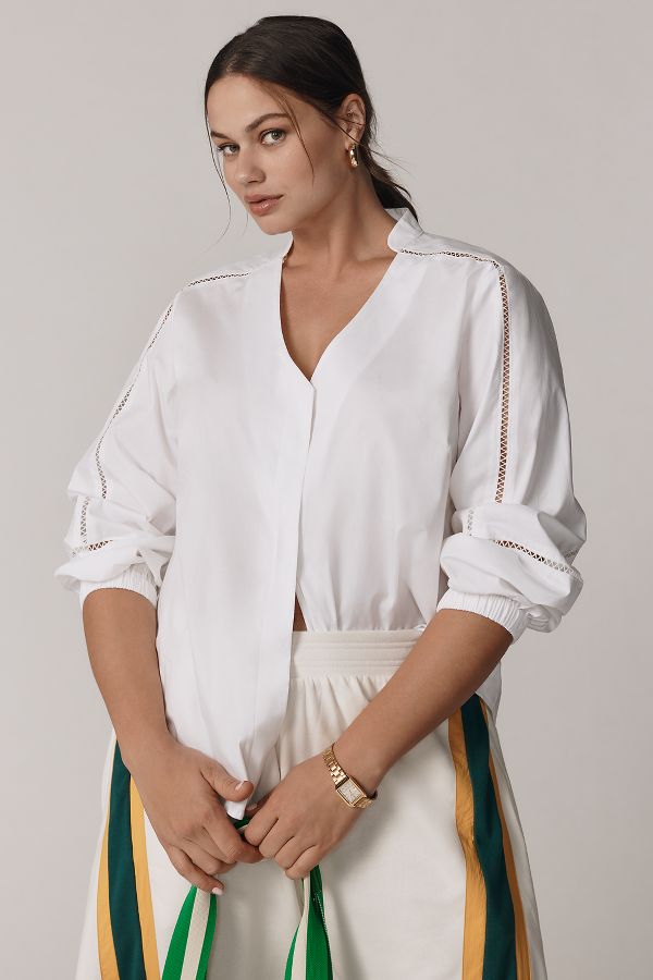 Slide View: 1: Universal Standard Plus Cotton Poplin V-Neck Blouse