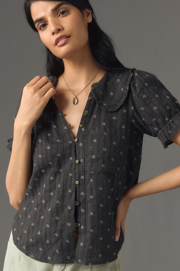 Slide View: 1: The Keira Collared Button-Front Blouse by Pilcro