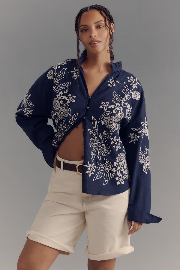 Slide View: 5: The Tavi Buttondown Blouse by Pilcro: Embroidered Edition