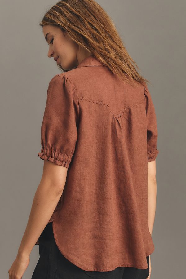 Slide View: 2: The Aly Puff-Sleeve Blouse by Pilcro: Linen Edition