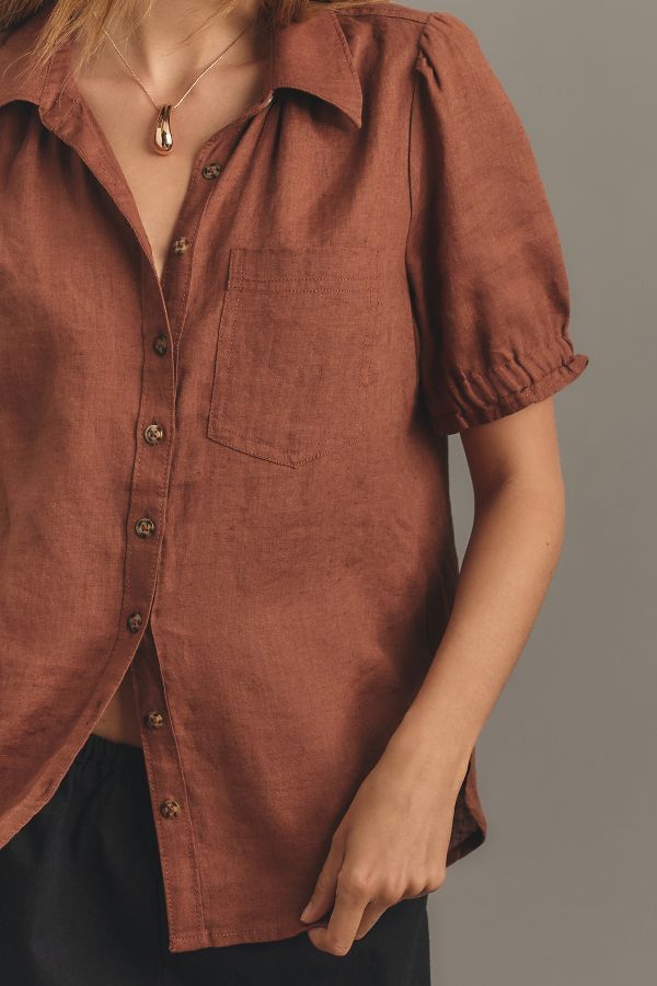 Slide View: 4: The Aly Puff-Sleeve Blouse by Pilcro: Linen Edition