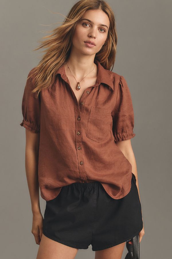 Slide View: 1: The Aly Puff-Sleeve Blouse by Pilcro: Linen Edition