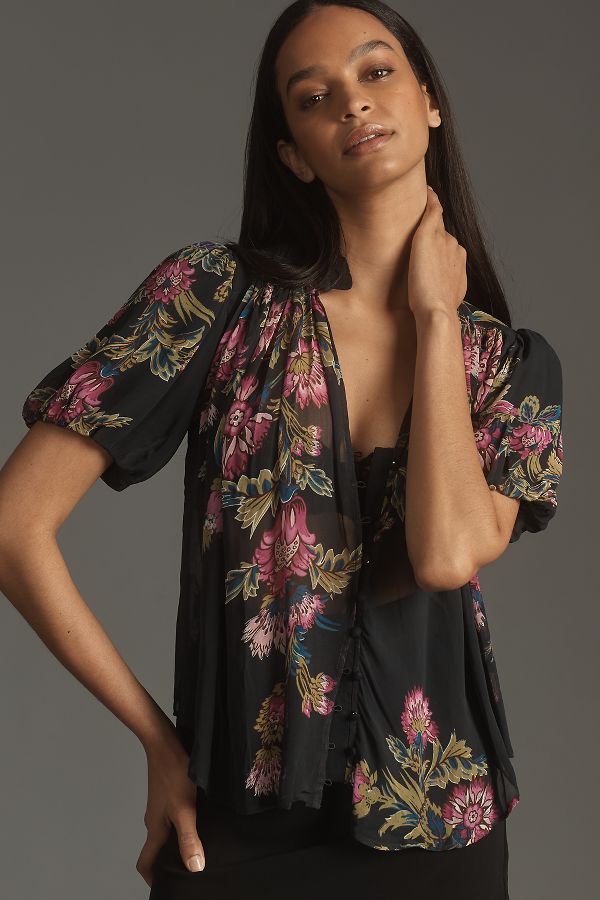 Slide View: 1: The Estela Sheer Printed Blouse: Short-Sleeve Edition