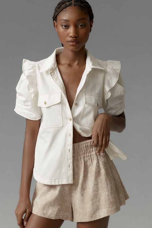 Slide View: 1: The Ozzi Ruffle-Sleeve Buttondown Shirt by Pilcro