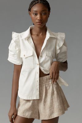 The Ozzi Ruffle-Sleeve Buttondown Shirt by Pilcro