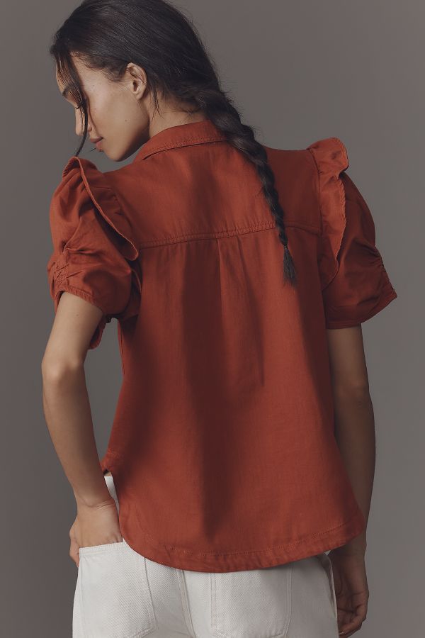 Slide View: 2: The Ozzi Ruffle-Sleeve Buttondown Shirt by Pilcro