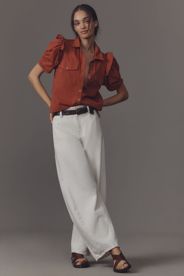 Slide View: 3: The Ozzi Ruffle-Sleeve Buttondown Shirt by Pilcro