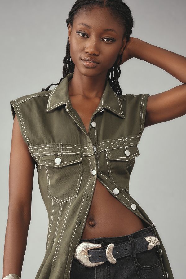 Slide View: 4: Pilcro Sleeveless Collared Button-Front Longline Top