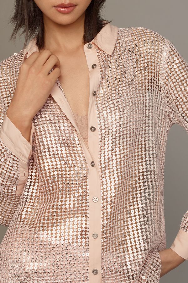 Slide View: 2: Pilcro Long-Sleeve Chainmail Buttondown Blouse