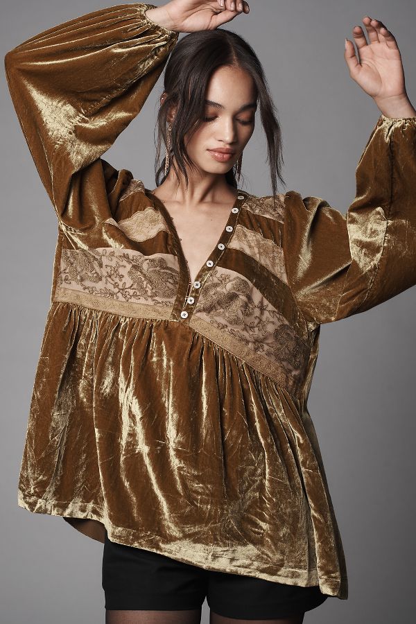 Vista diapositiva: 2: Di Anthropologie Maglia Velvet Pizzo Babydoll Manica Lunga